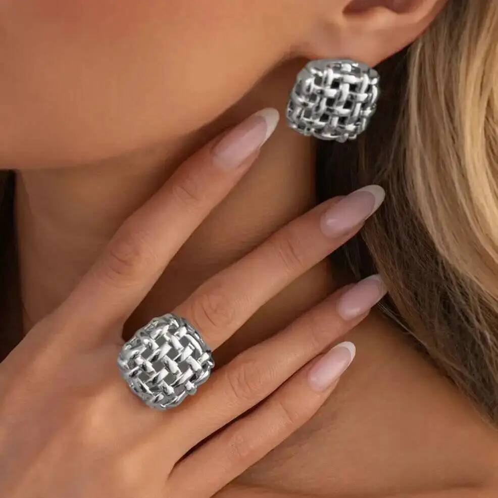 Salircon Retro Gold Color Irregular Chunky Opening Rings Stud Earrings Set Creative Trendy Geometric Knuckle Ring Charm Jewelry