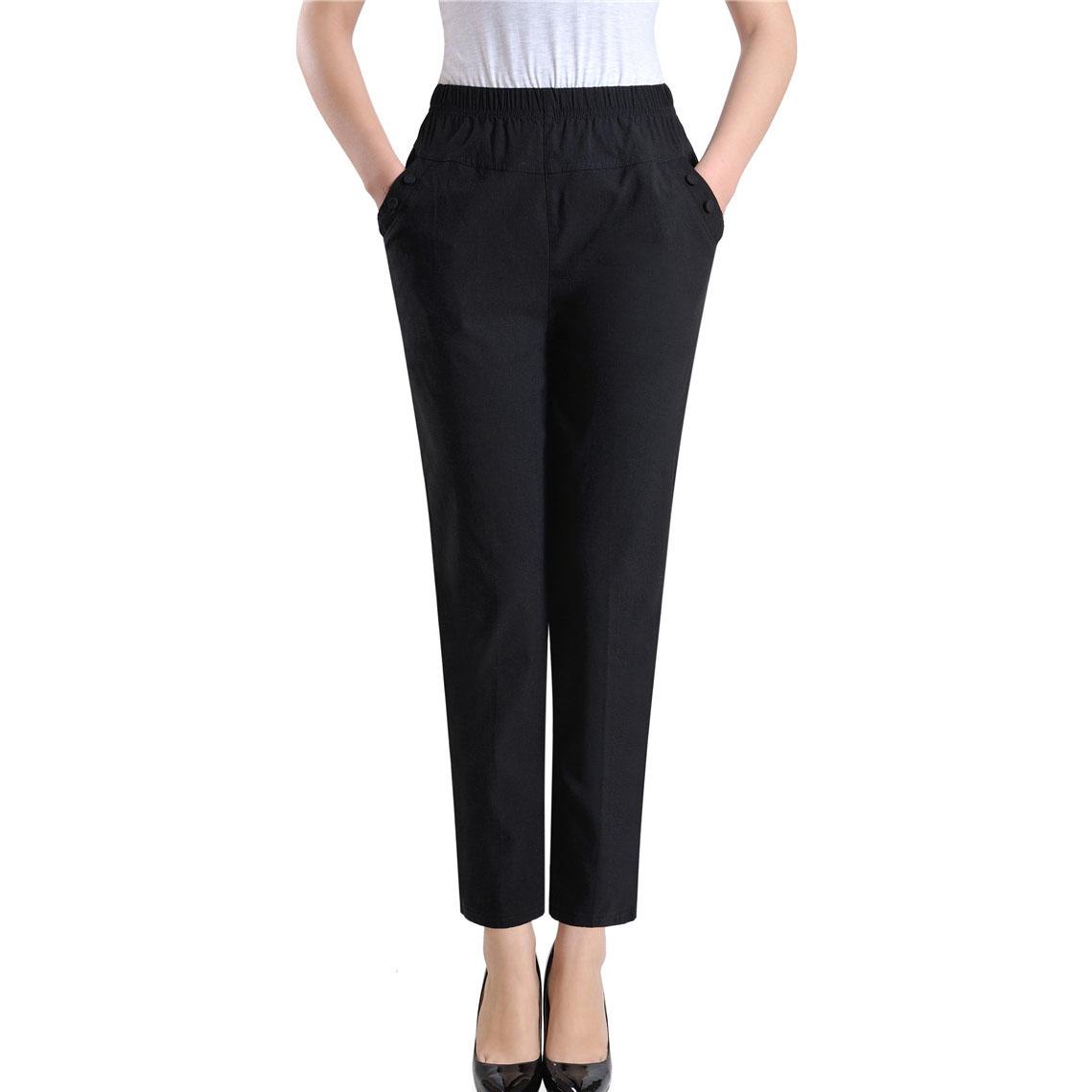 

Повседневные брюки с эластичной резинкой на талии, эластичные хлопковые женские брюки, прямые летние тонкие свободные брюки большого размера L чёрный