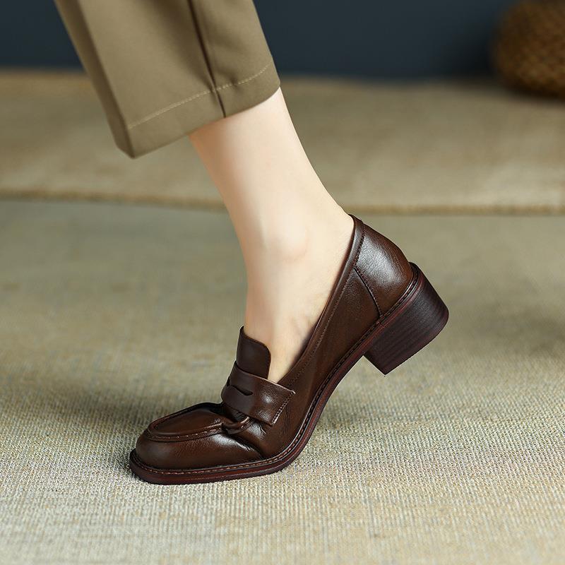 Ретро британские маленькие кожаные туфли женские коричневые толстые ...