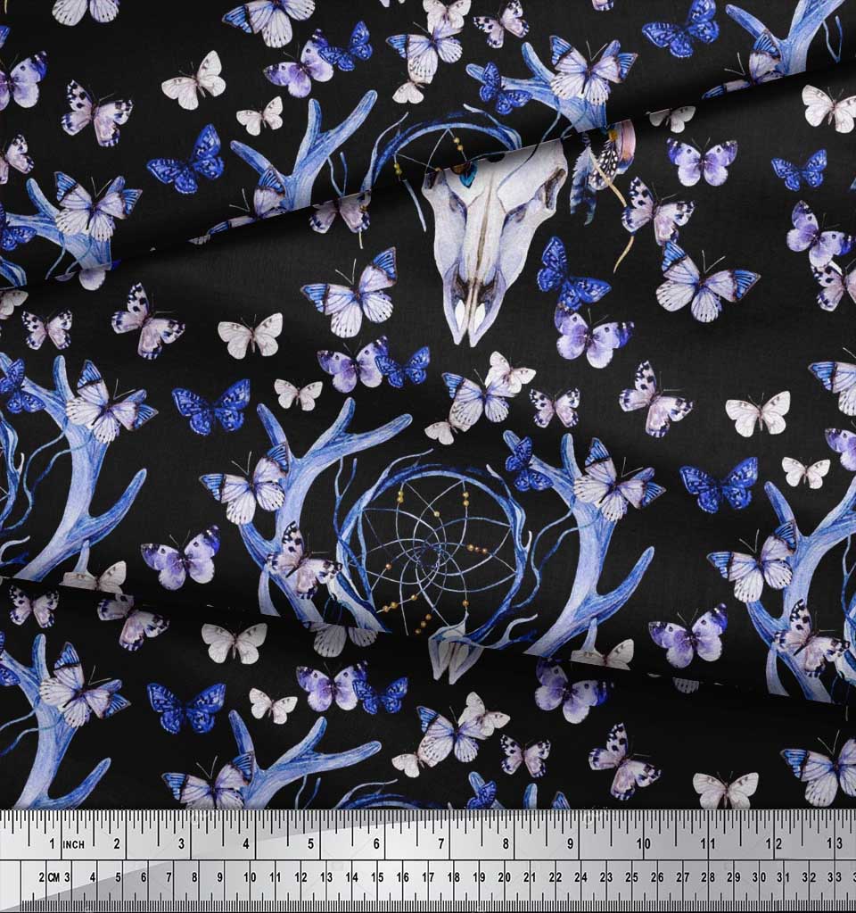 Soimoi Green Japan Crepe Satin Fabric Insect|Dream Catcher & Reindeer Face Animal Fabric Prints by Yard 42 Inch