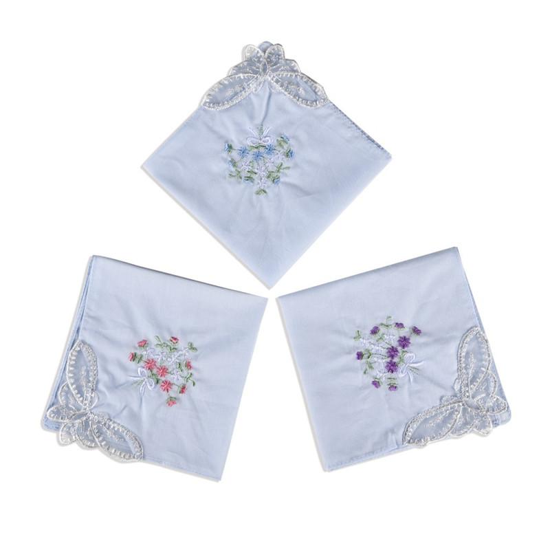 3Pcs 28x28cm Small Square 100% Cotton Thin Beautiful Handkerchiefs Women Portable Pocket Embroidered Lace Hankie Towel