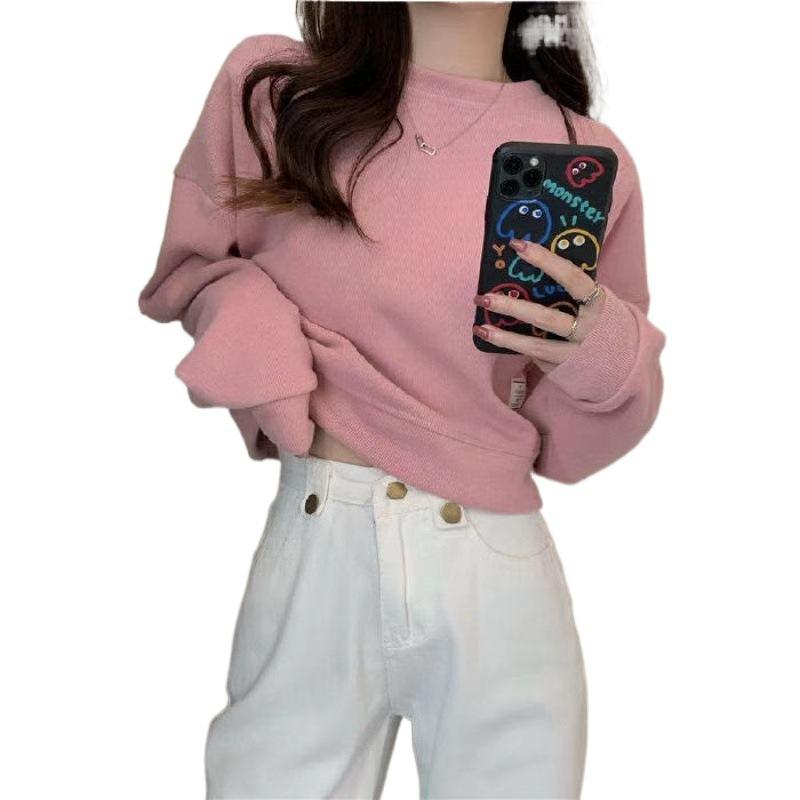 Hanorace largi de culoare uni în stil coreean pentru femei 2024: Bluze versatile cu mânecă lungă pentru primăvară și toamnă