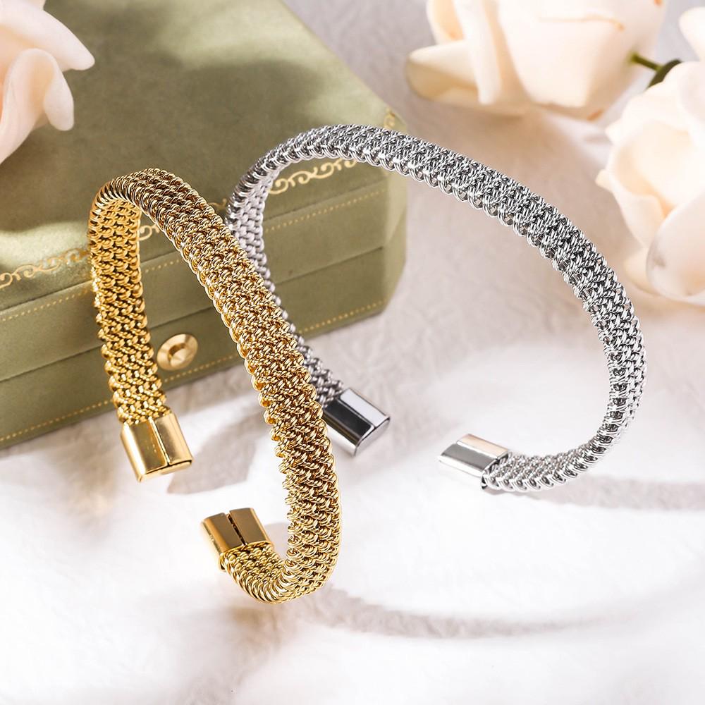Gold-Plated Titanium Steel Open Cuff Bracelet - European & American Fashion Woven Design