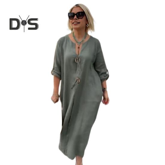 Sukienka damska z dekoltem w serek, guzikami, zdobiona, długimi rękawami, luźna, jednolita, w dużym rozmiarze, do połowy łydki, prosty styl, dojazdy do pracy, codzienne noszenie, sukienka midi