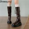 Winter Retro Platform Thick Sole Woman Knee High Top Fashion Belt Buckle Front Zipper Ladies Slim Knight Long Botas