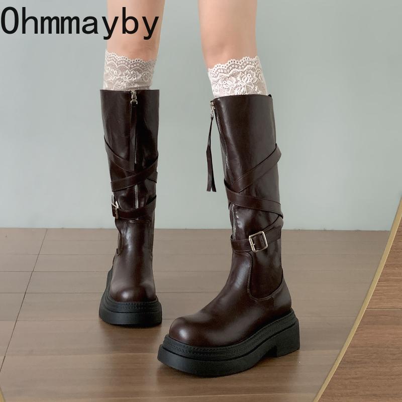 Winter Retro Platform Thick Sole Woman Knee High Top Fashion Belt Buckle Front Zipper Ladies Slim Knight Long Botas