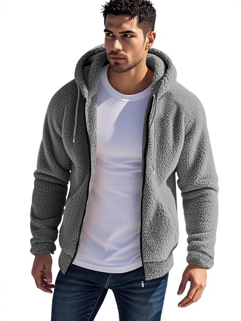 Men's American Style Double-Sided Fleece Hooded Jacket - Autumn/Winter, Zipper, Loose Fit, Casual Sweatshirt.