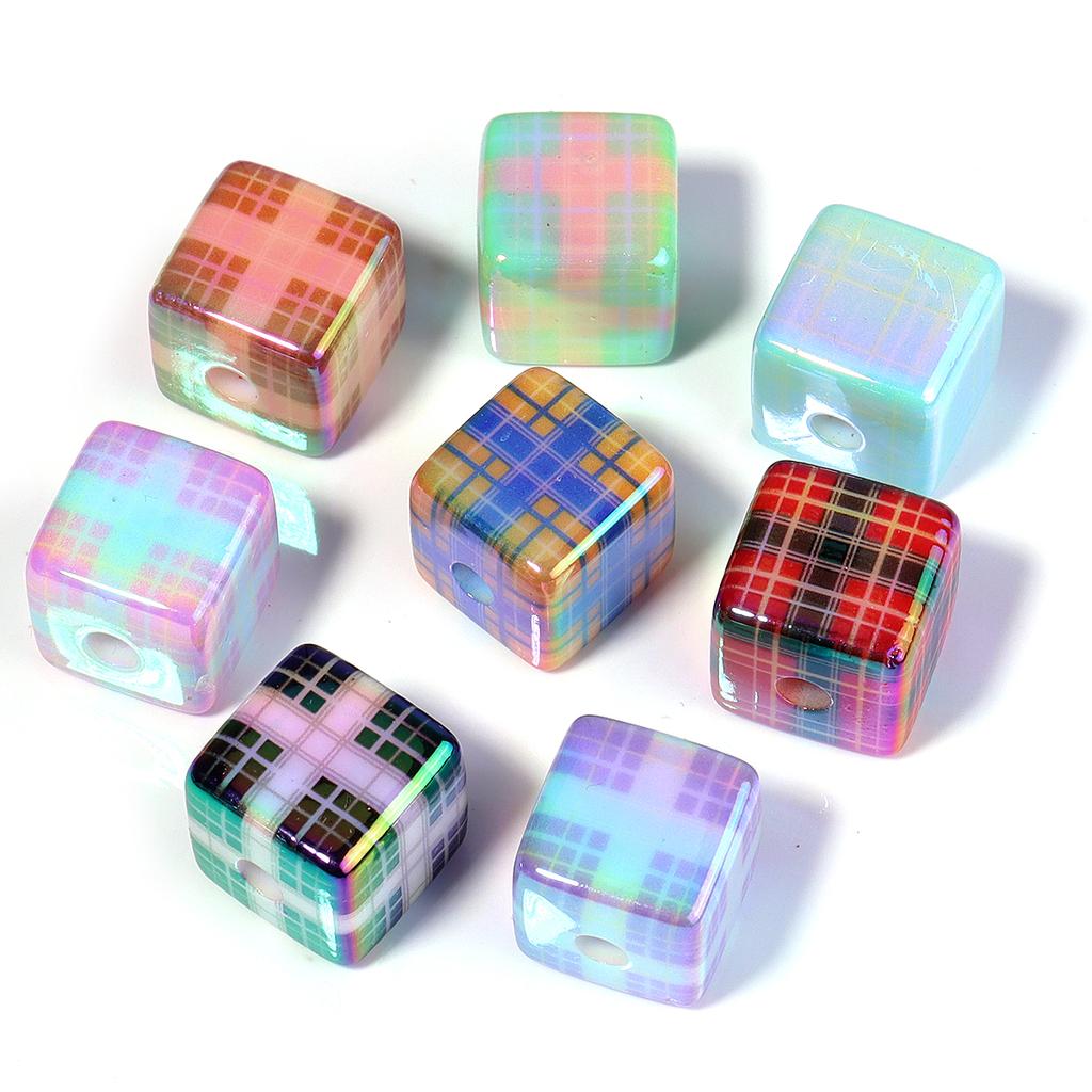 10pcs/lot 13mm Colorful Acrylic Beads Square Checkered Pattern Beads Loose Spacer Beads For Jewelry Making DIY Bracelet Necklace