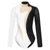 Women Long Sleeve Rhinestones Mesh Gymnastics Leotard Bodysuit Ice Skating Jumpsuit
