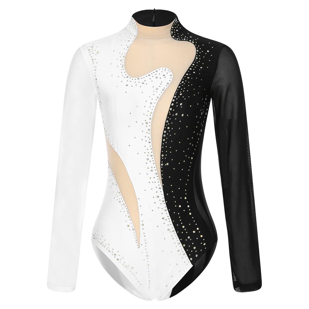 Women Long Sleeve Rhinestones Mesh Gymnastics Leotard Bodysuit Ice Skating Jumpsuit
