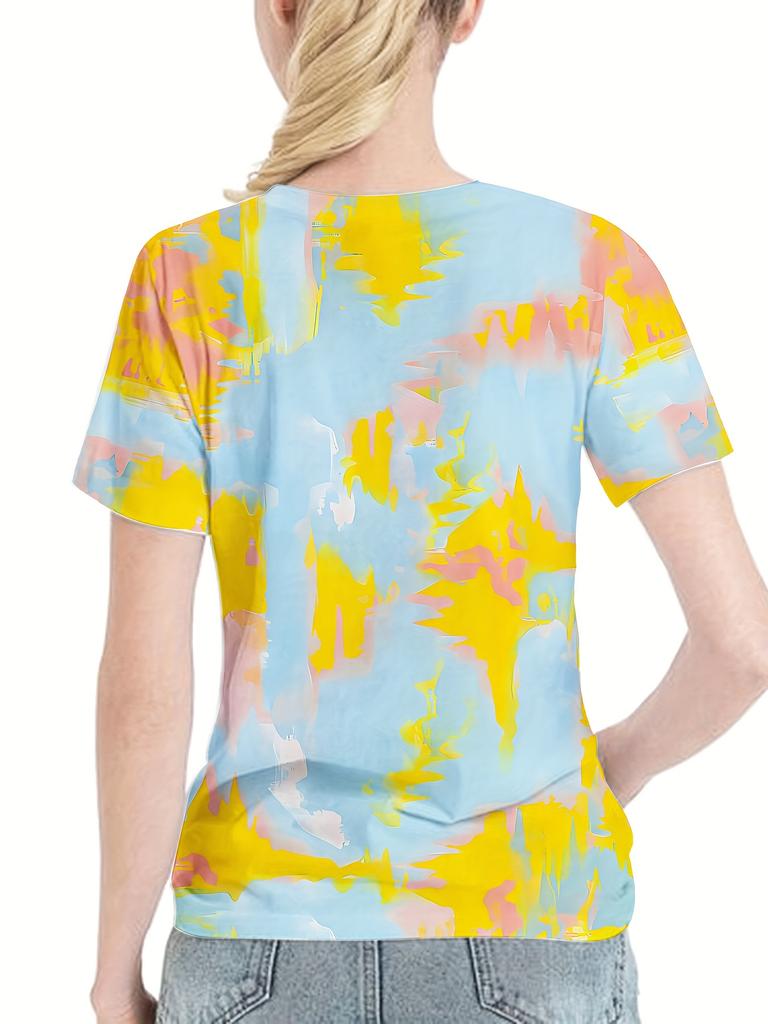 3D printed short-sleeved crew neck top, soft and comfortable, women's T-shirt