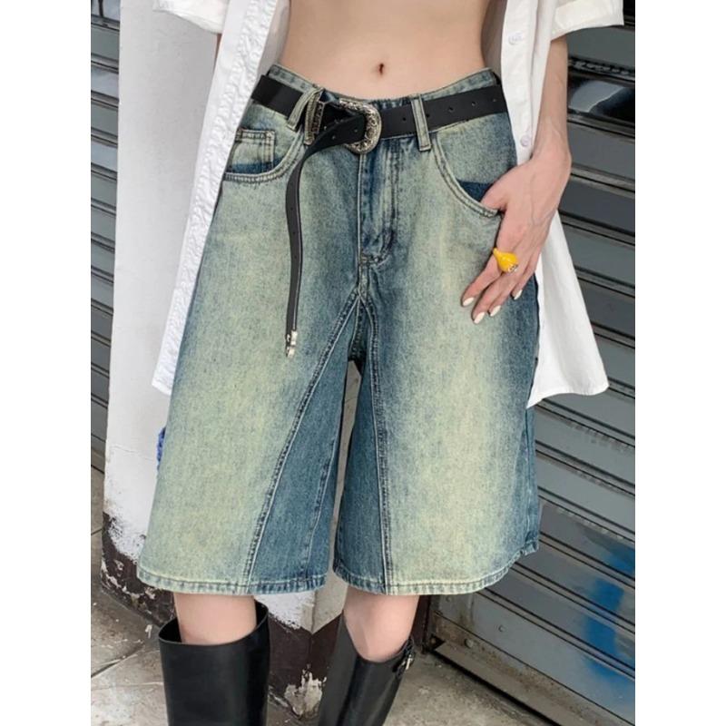 Woman Man Vintage Gradient Jeans Women 2024 Summer New Straight Knee Length Shorts Y2k Grunge High Waist Loose Wide Leg Pants