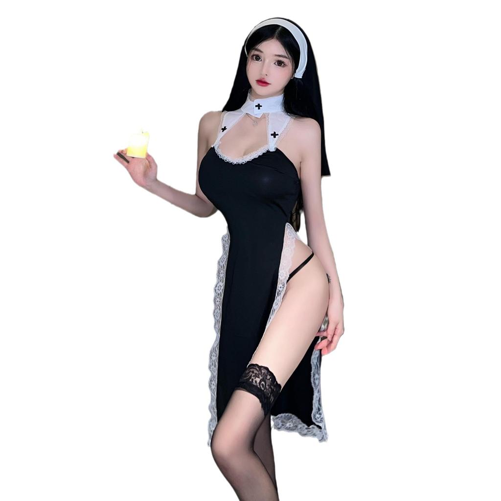 Love As Lingerie: Sexy High Slit Lace Nun Cosplay Set