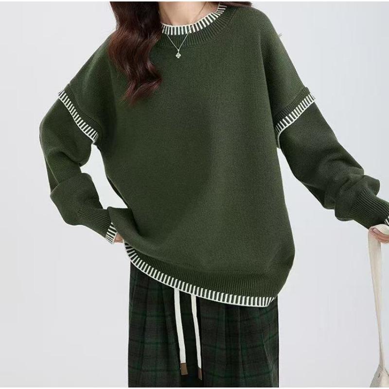 New autumn and winter black and white contrasting color edge crew neck sweater women's simple versatile loose lazy wind knitted sweater