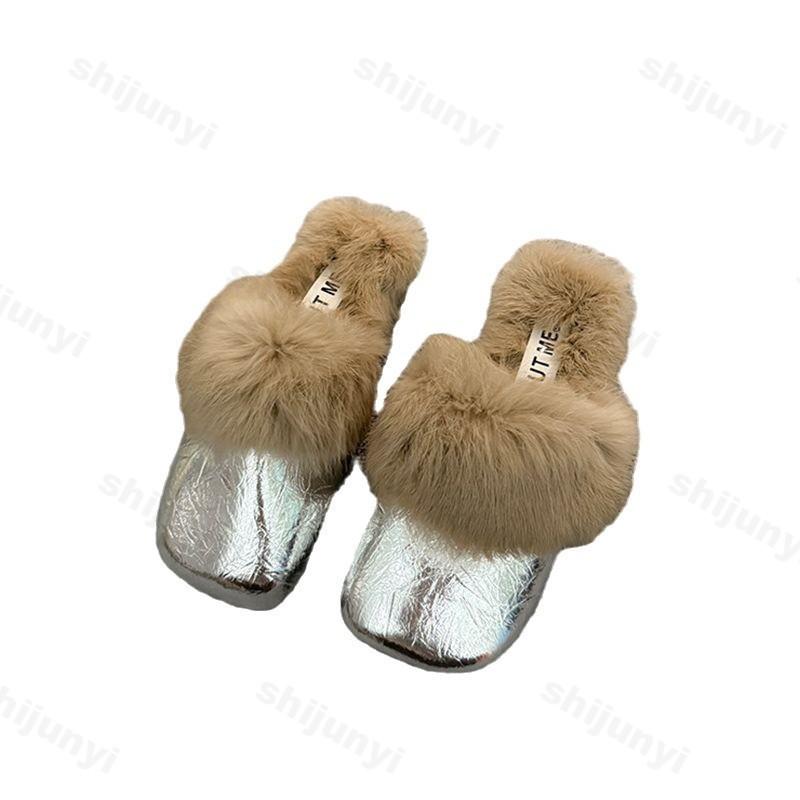 Women's Flat Slippers Autumn Winter Fashion Outdoor Warm Non Slip Plush Shoes Lightweight Comfortable Casual Half Slippers