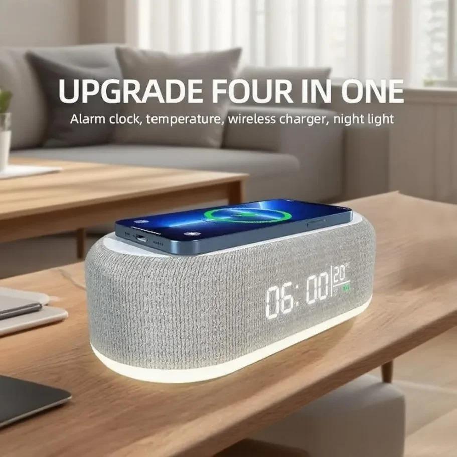 15W Fast Wireless Charging Pad Stand with Night Light Alarm Clock and Temperature Display for Phones