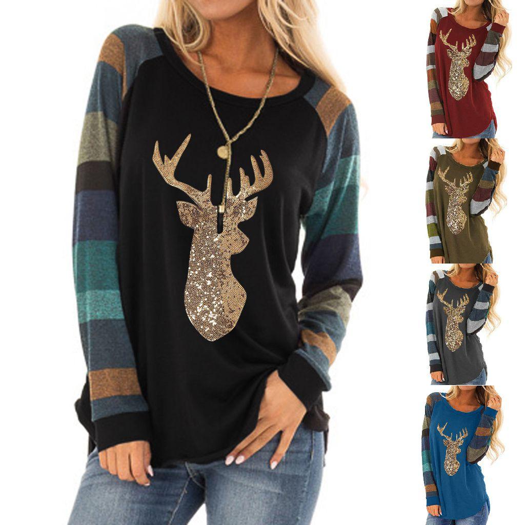 Festive Womens Christmas Tops With Sparkling Sequin Reindeer Long Sleeve Design