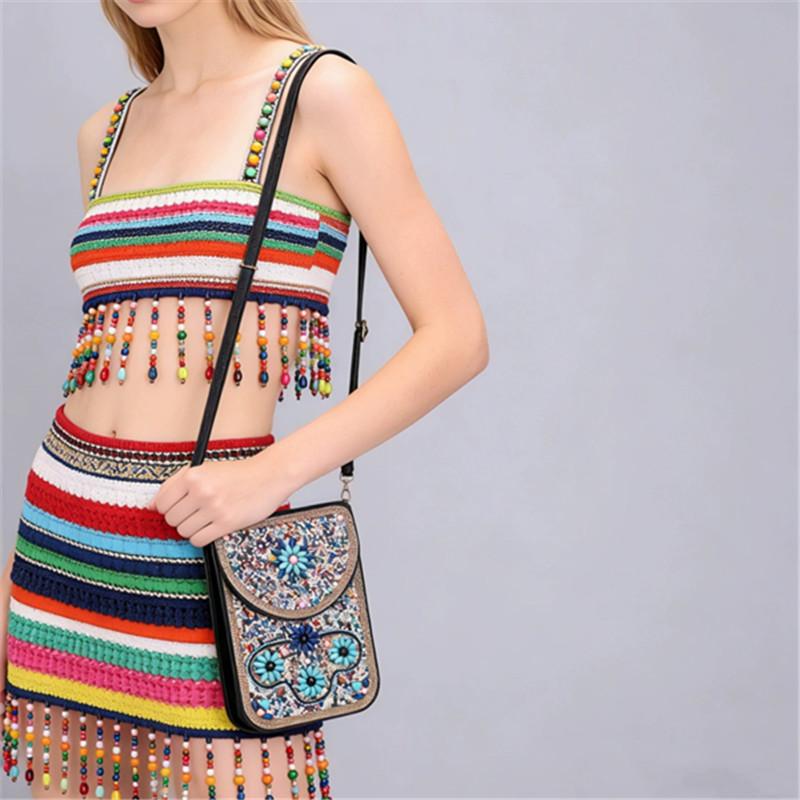 Butterfly & Flower Pattern Retro Ethnic Style 2026 New Handmade Beaded PU Crossbody Mini Phone Bag Women's Shoulder Purse