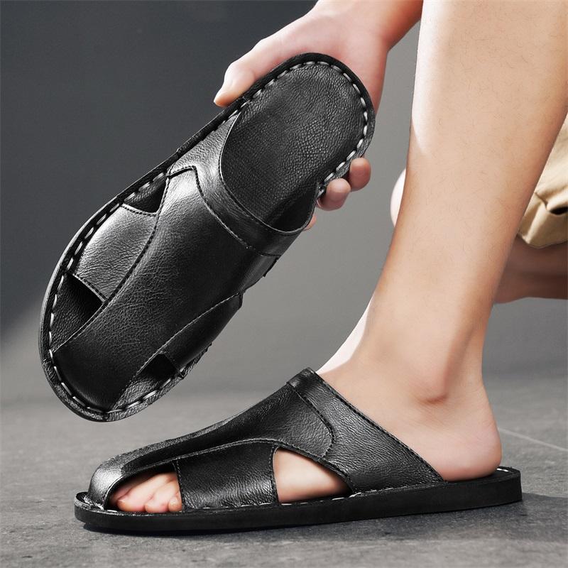 Men Slippers Handmade Simple Flats Brown Leather Sandals Black Summer Roman Sandals Closed Toe Beach Shoes Plus Size
