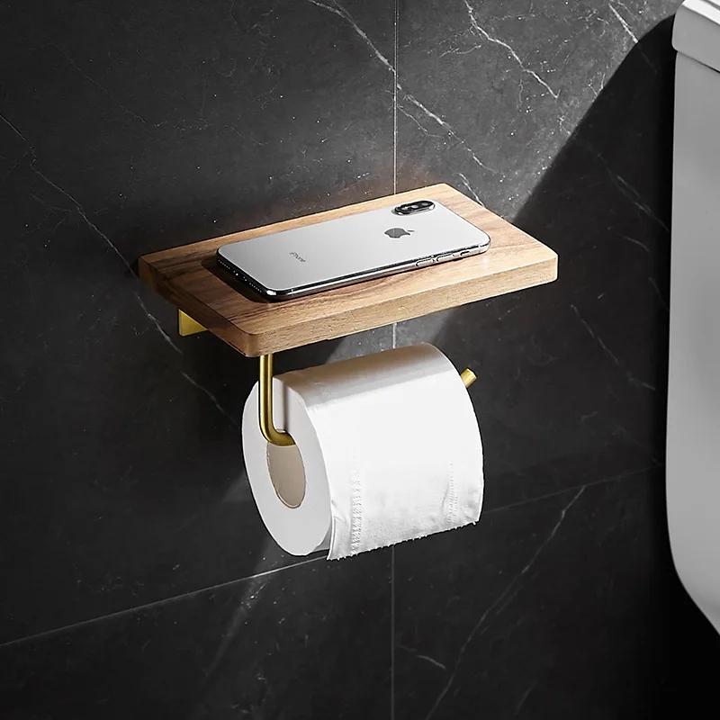 Walnut Wall Mounted Bathroom Paper Towel Holder Brushed Gold Roll Paper Holder Toilet Paper Holder Mobile Phone Holder Aluminum