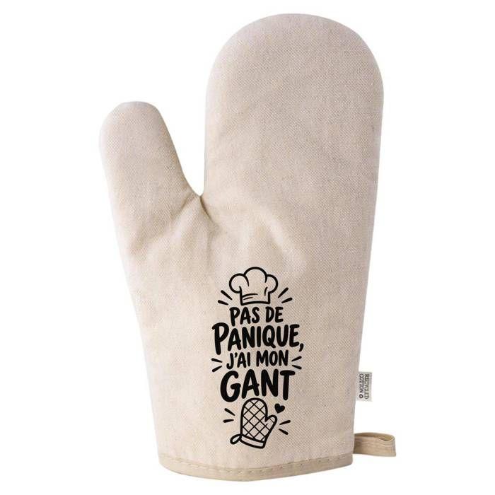 Gant de Cuisine Beige Pas de panique, j'ai mon gant | Coton Recyclé 280 g/m² 17 × 26 cm Dos Matelassé | Taille Unique Four Barbecue