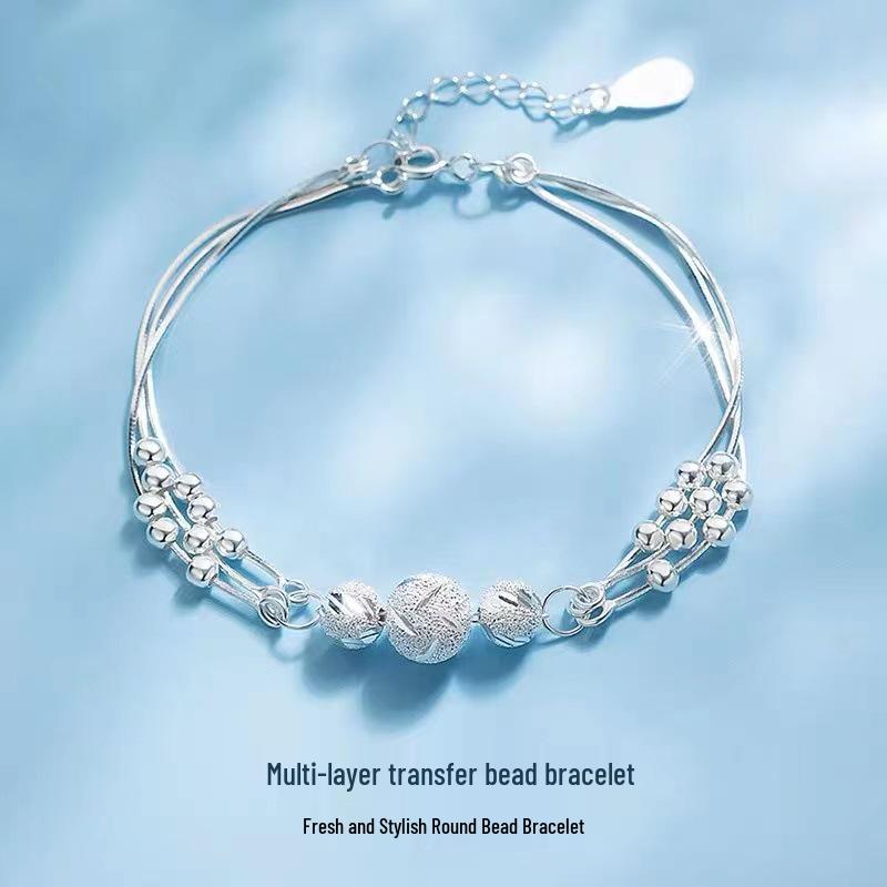 Sterling Silver Three Lives Bracelet: Multi-layer Carved Bead Design for Women, Light Luxury Gift платиновый