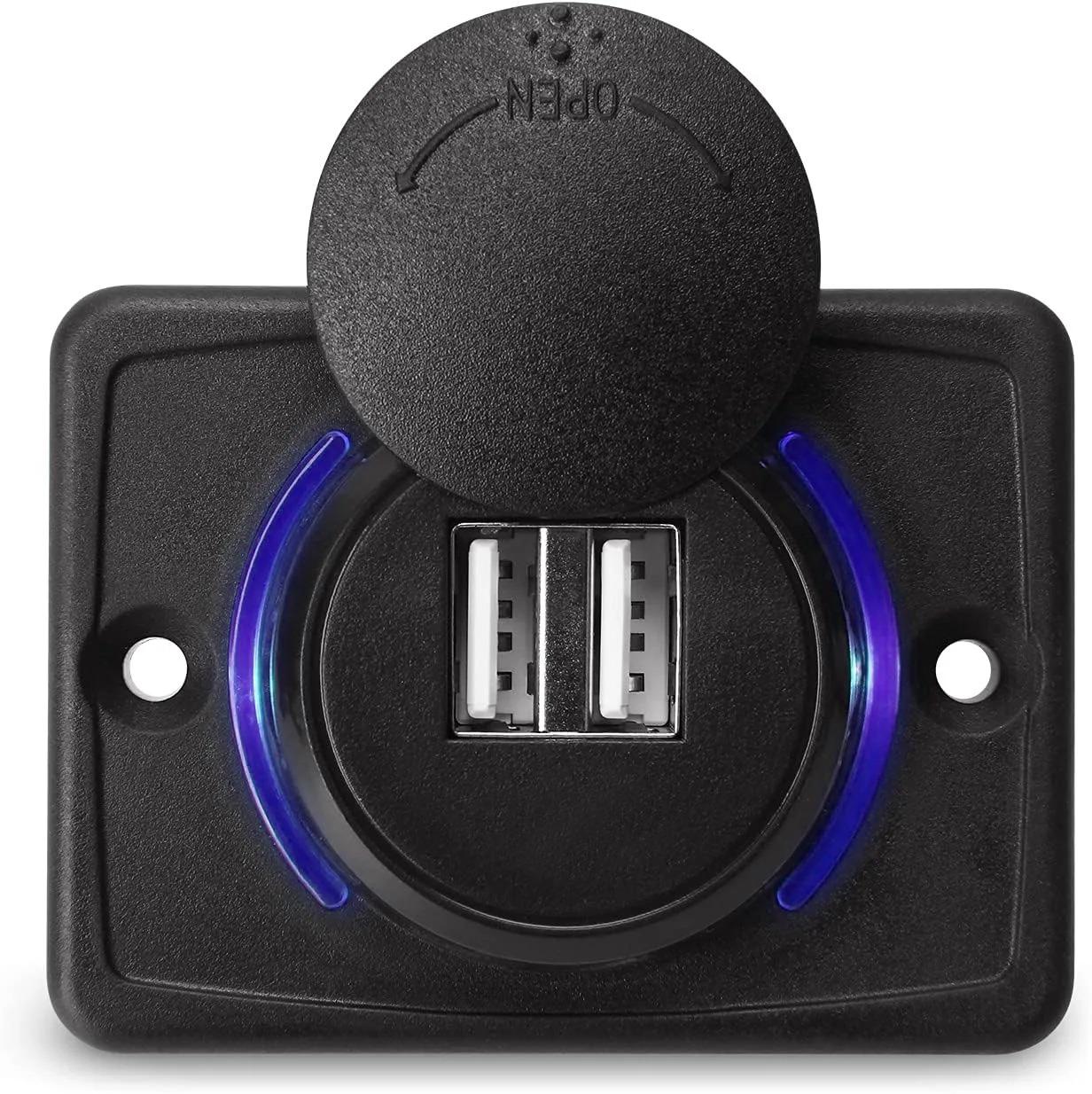 

Двойное гнездо автомобильного зарядного устройства USB 3.0 с синим индикатором и крышкой, розетка питания 12/24 В для автомобиля, лодки, транспортного средства, автобуса, дома на колесах, квадроцикла, панель адаптера для зарядки телефона