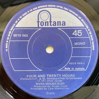 7inch Record NANA MOUSKOURI - Four And Twenty Hours 6010060 Fontana 1972 Australia Pop Used