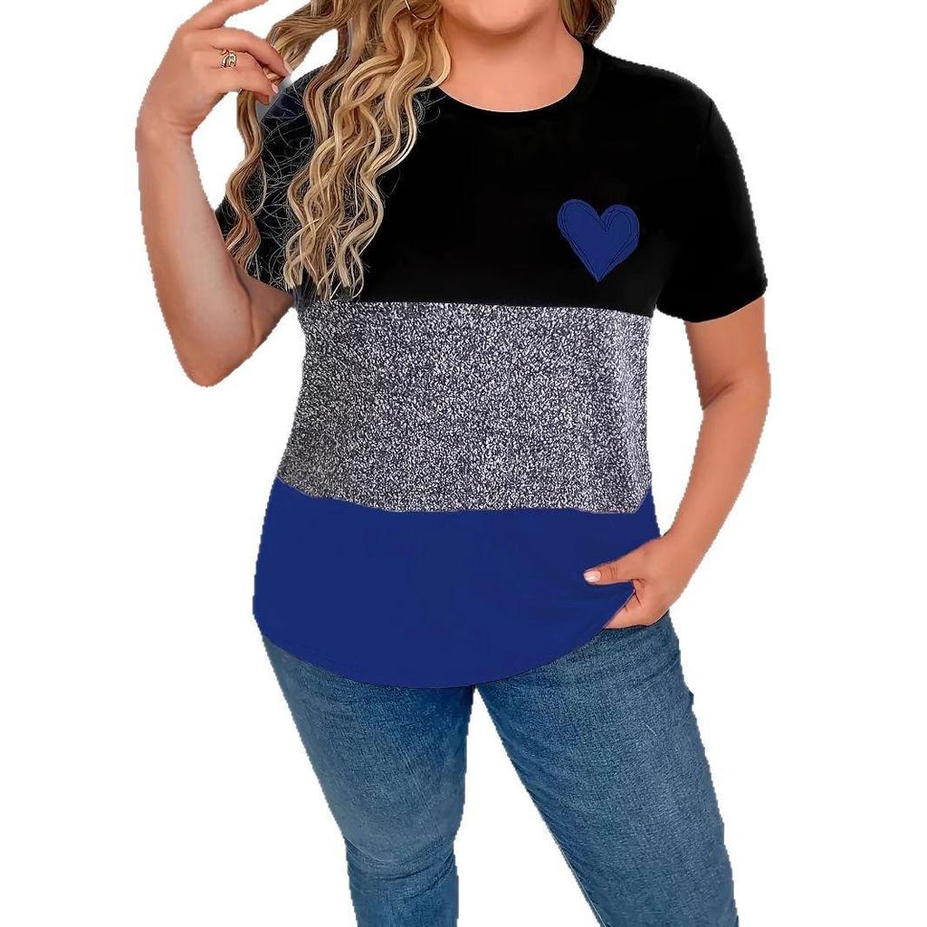 Women's Casual Round-neck Loose Heart-shaped Printed Color-blocking Large-sized Short-sleeved Top