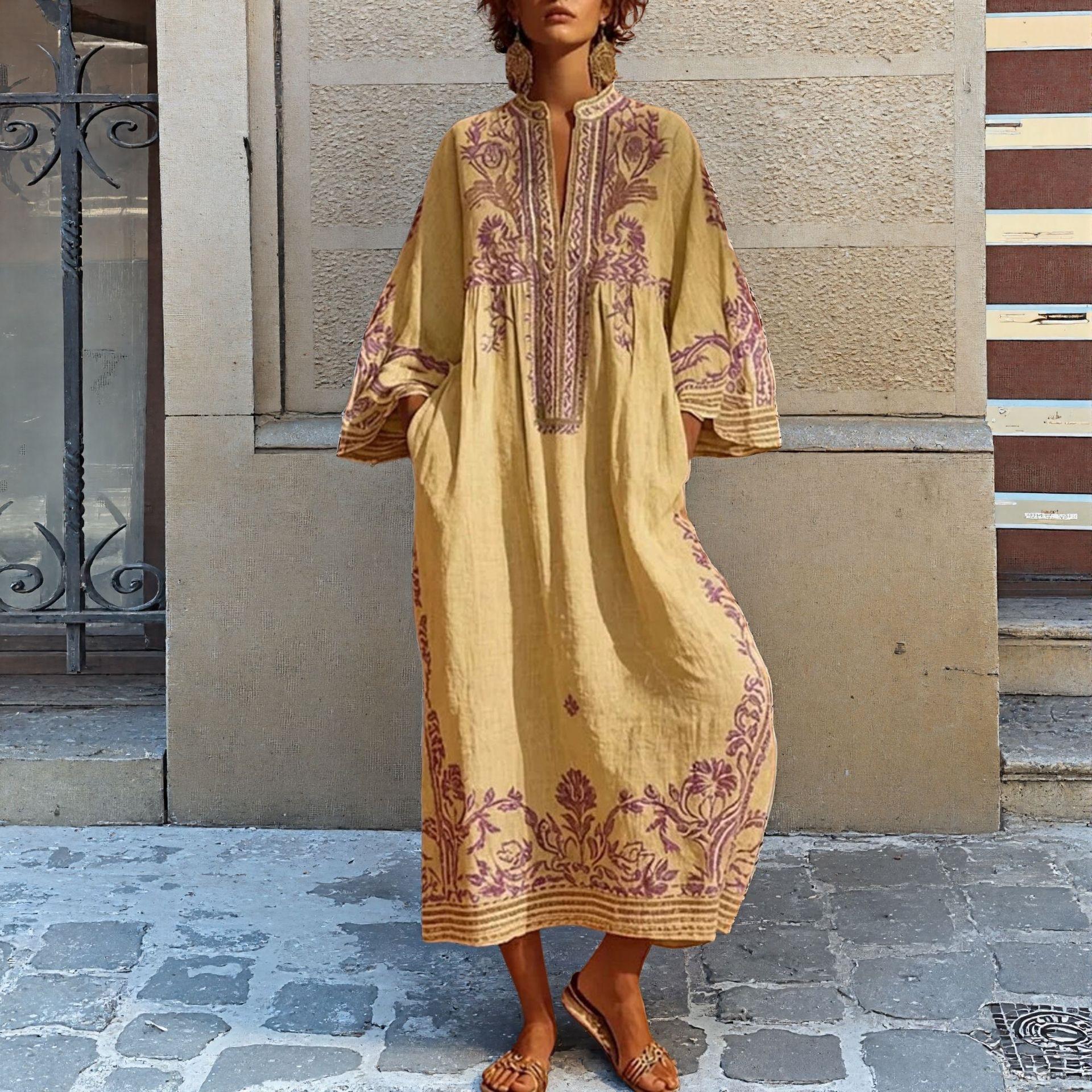 2026 European and American new summer women s clothing, casual V-neck bohemian style printed long dress S жёлтый
