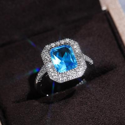 Gorgeous Sky Blue Square CZ Rings for Women Shiny Bridal Wedding Party Accessories Elegant Lady Ring High Quality Jewelry