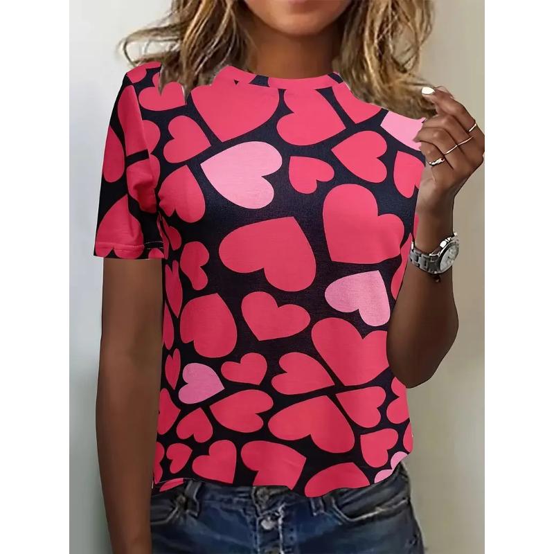 Heart Print Crew Neck T-Shirt For Women Casual Short Sleeve Leopard Love Tshirts Top Women's Ladies Valentine's Day T Shirt