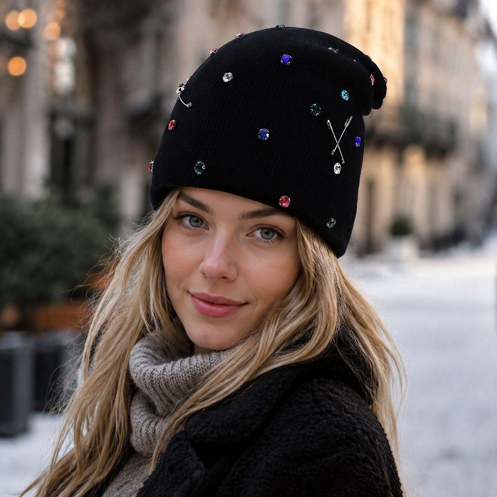 Warm Winter Hat Colored Rhinestone Knitted Pullover Cap Casual Ear Protection Hat Outdoor Sports