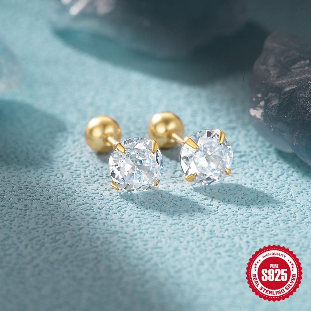 S925 Sterling Silver Classic Simple Basic Four-Claw Diamond Thread Puncture Earbone Stud Ordinary Butterfly Ear Plug Earrings