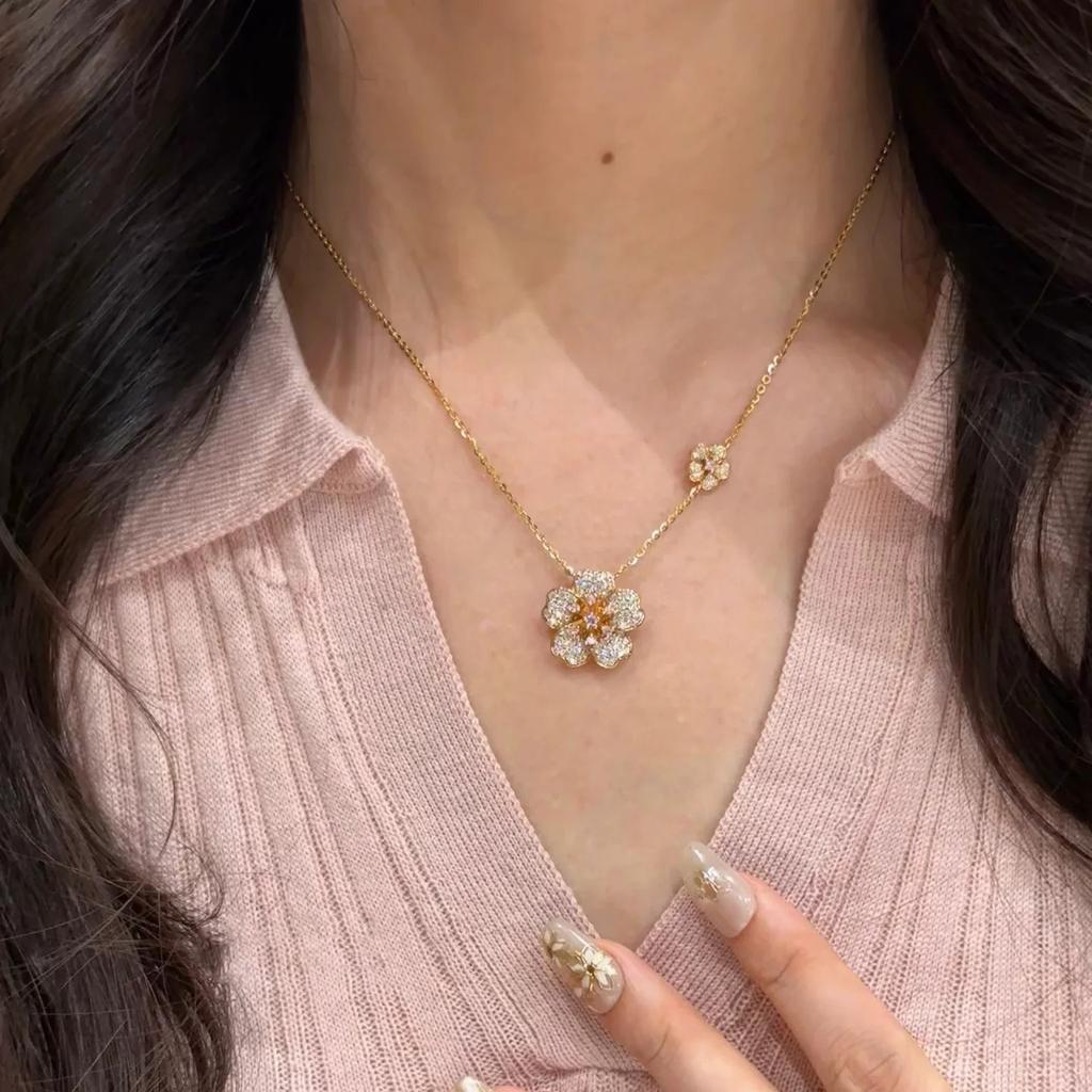 French Retro Brilliant Double Flower Necklace Female Flower Flower Full Diamond Super Flash Five Flower Temperament Exquisite Flower Bracelet