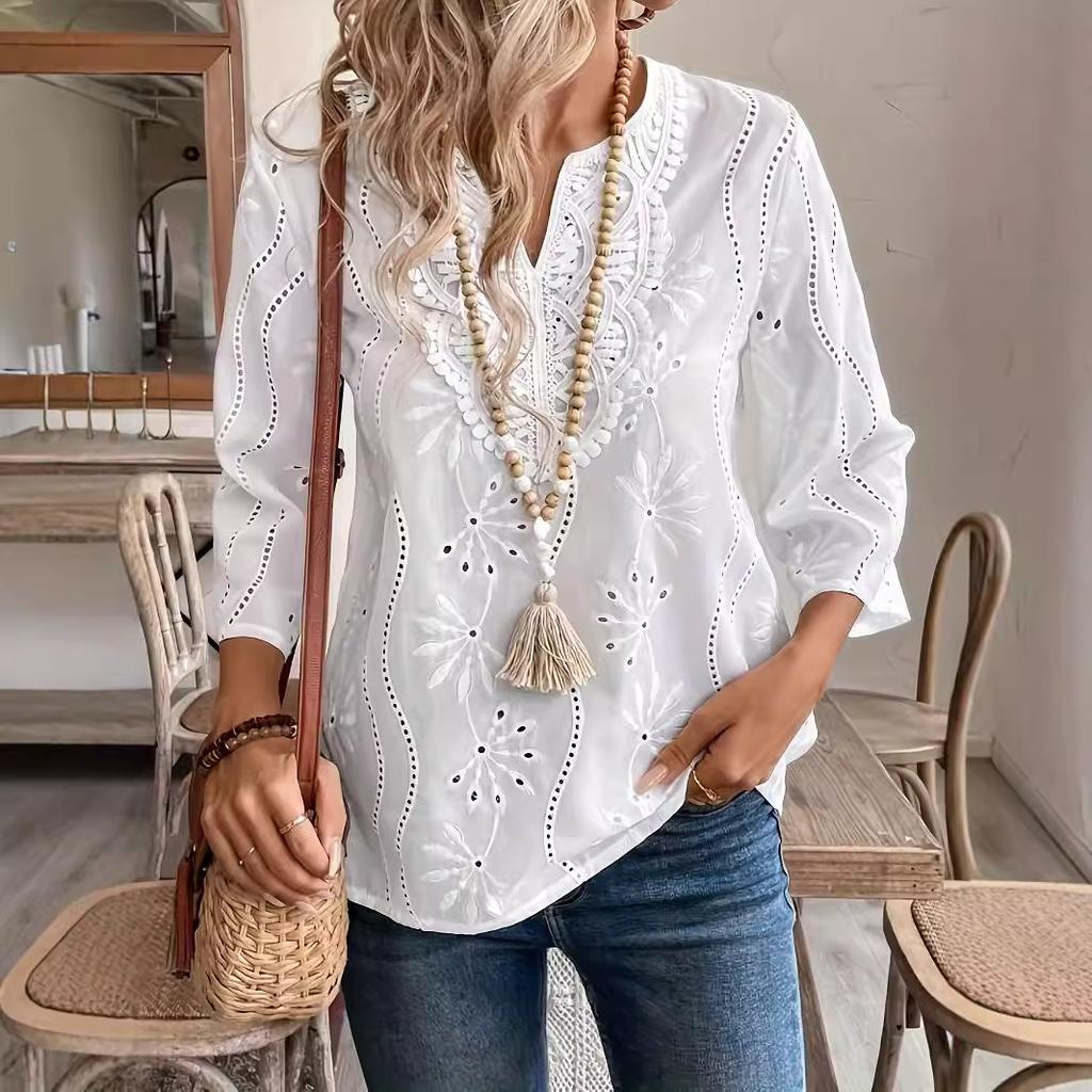 Women's Eyelet Embroidery 3/4 Sleeve Summer Notched Neck Boho Blouse Top