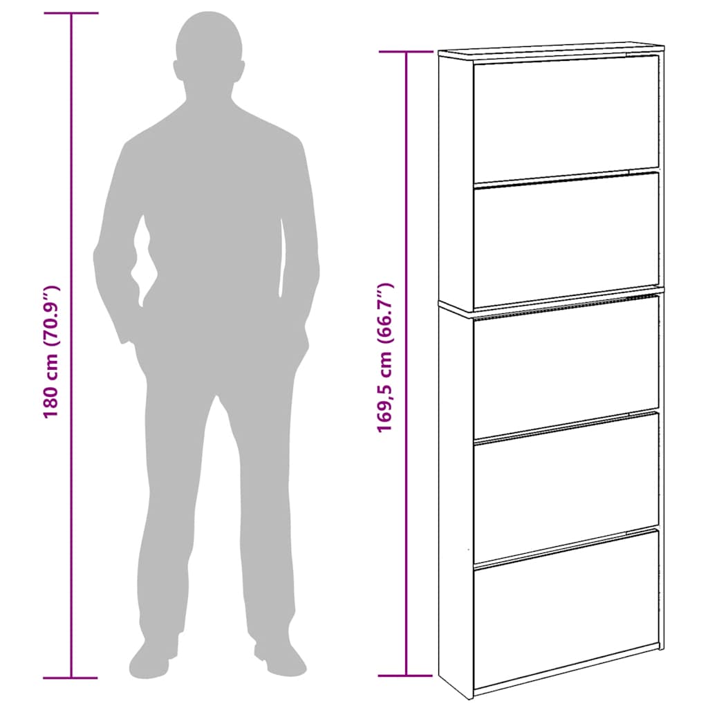 Shoe Cabinet with Mirror 5 Flip Down Compartments Grey Sonoma 63 x 17 x 169.5 cm