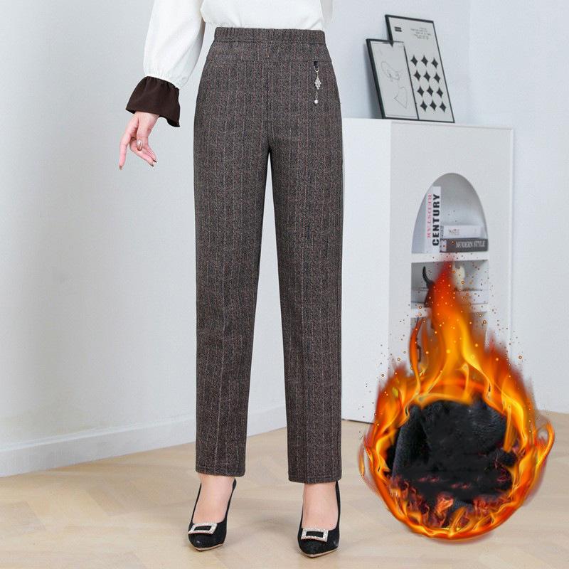 Autumn Winter Fleece Waist Stripe Straight Leg Pants Loose Female Straight Pant