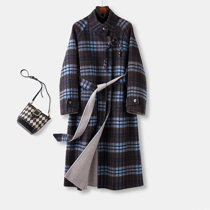 

Новое модное шерстяное пальто с воротником-стойкой, свободного большого размера, весеннее двустороннее клетчатое, женское шерстяное пальто, тренд L