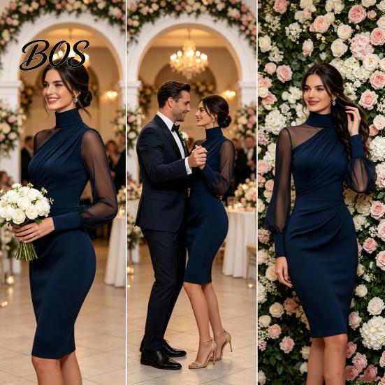 Everyday Casual Dress Women's Mesh Sheer Long Sleeve Mini Dress, Ruched Bodycon Mock Office Wear Women Neck Party Cocktail Formal Wedding Guest