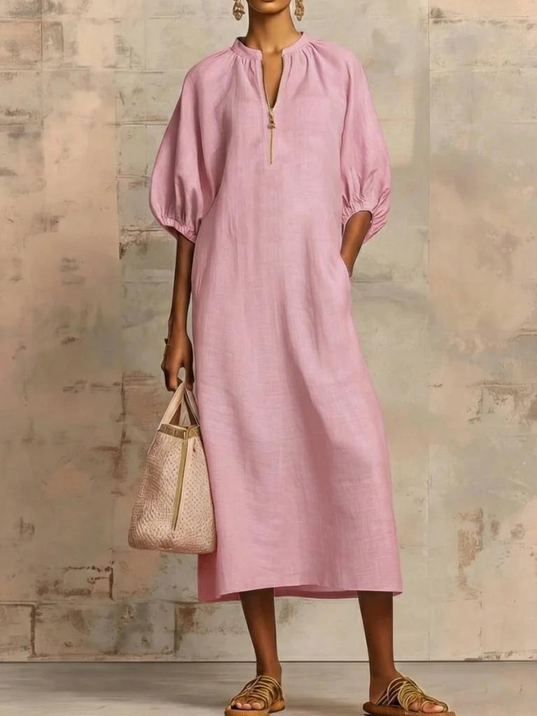 Europe, America spring and summer popular women's clothing solid color loose casual round neck zipper bubble sleeve dress