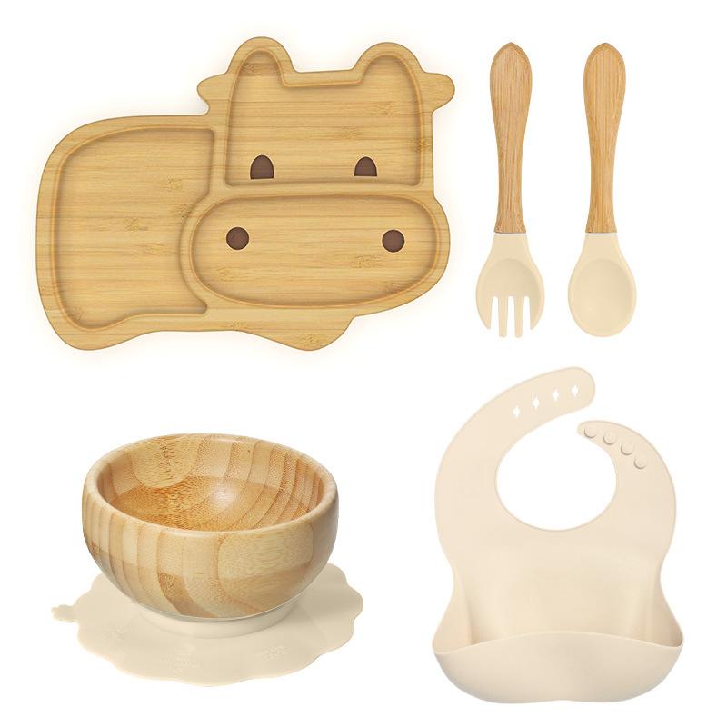 Bamboo Calf Shaped Baby Cutlery Set 5 Pieces Includes Suction Cup Bowl Bib Fork and Spoon