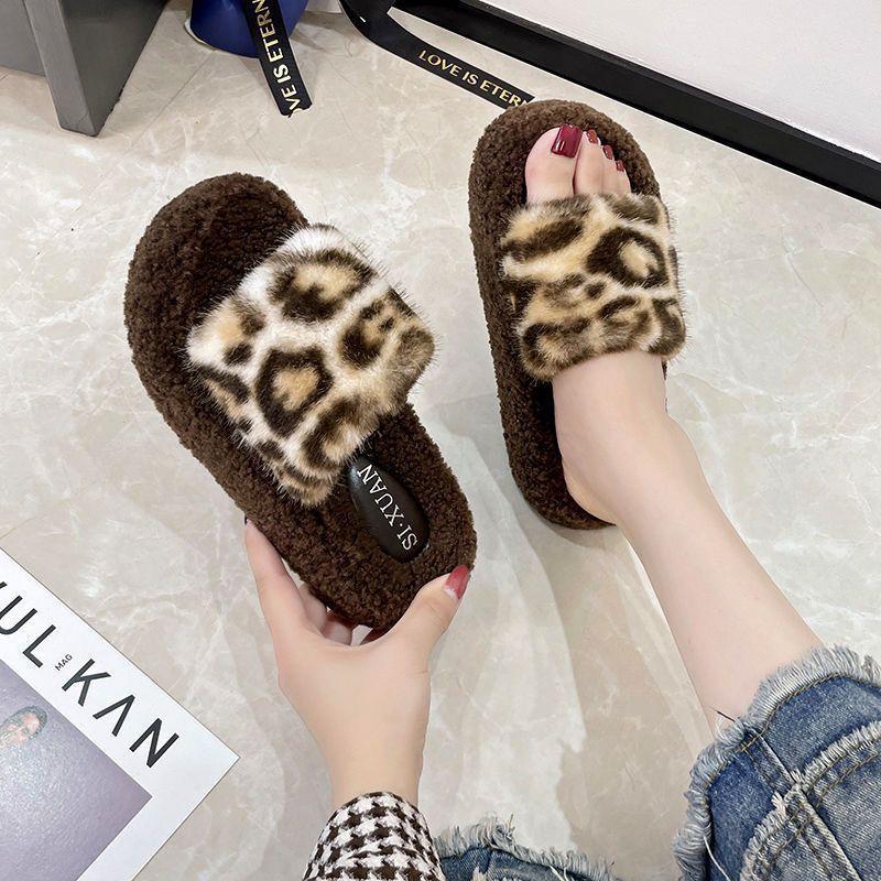 

Леопардовые плюшевые тапочки на толстой подошве, увеличивающие рост, для улицы, домашняя мода, новый стиль, плюшевые тапочки, домашняя обувь 40-41