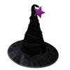 Halloween gerüschter schwarzer Hexenhut, Samt-Zaubererhut mit Fledermaus-/Stern-Dekor, Kostümzubehör für Party und Cosplay