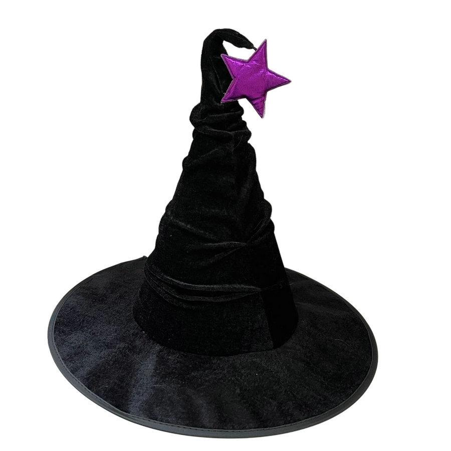 Halloween gerüschter schwarzer Hexenhut, Samt-Zaubererhut mit Fledermaus-/Stern-Dekor, Kostümzubehör für Party und Cosplay