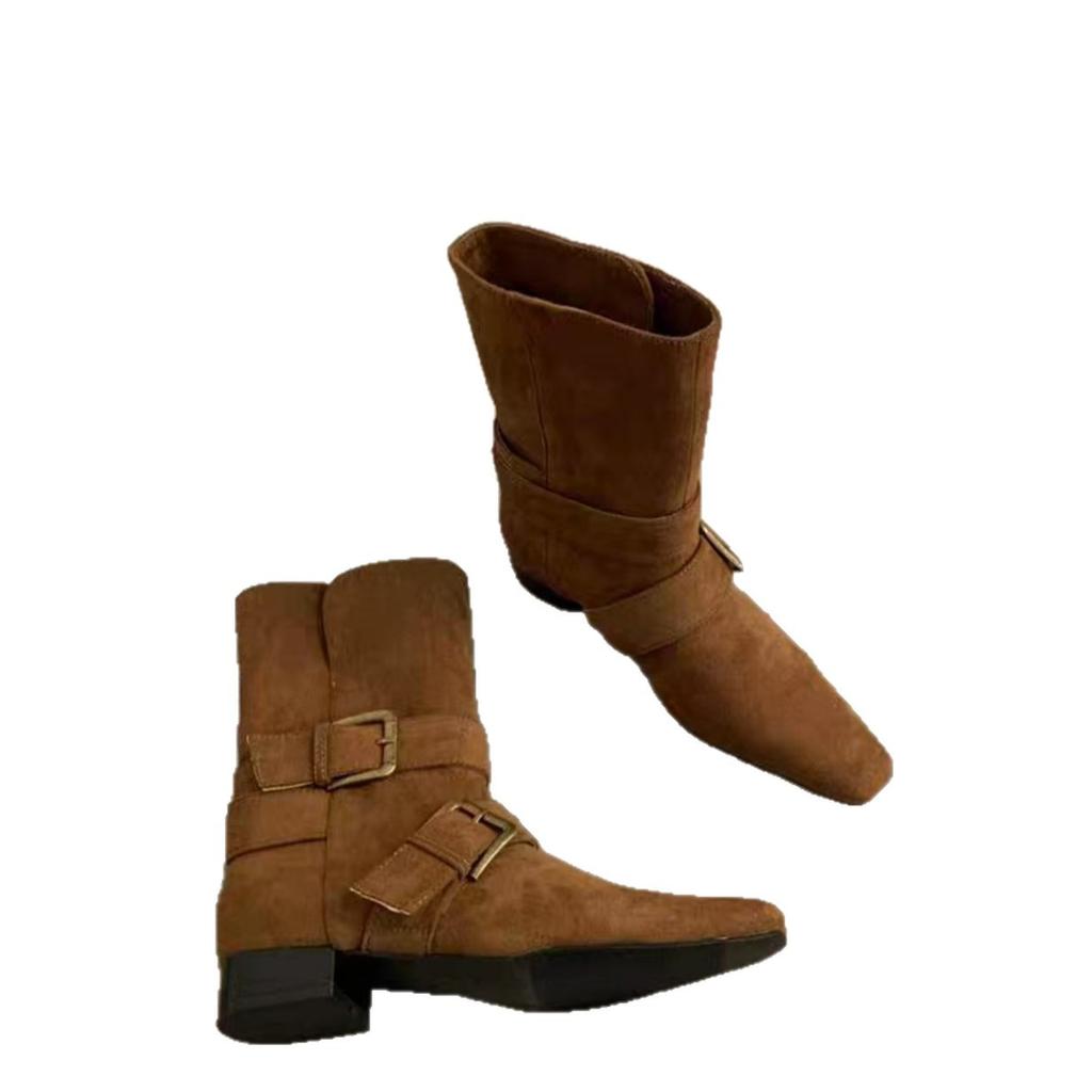 2025 Korean version of the new niche design retro French short boots small square head western boots suede medium boots women's boots