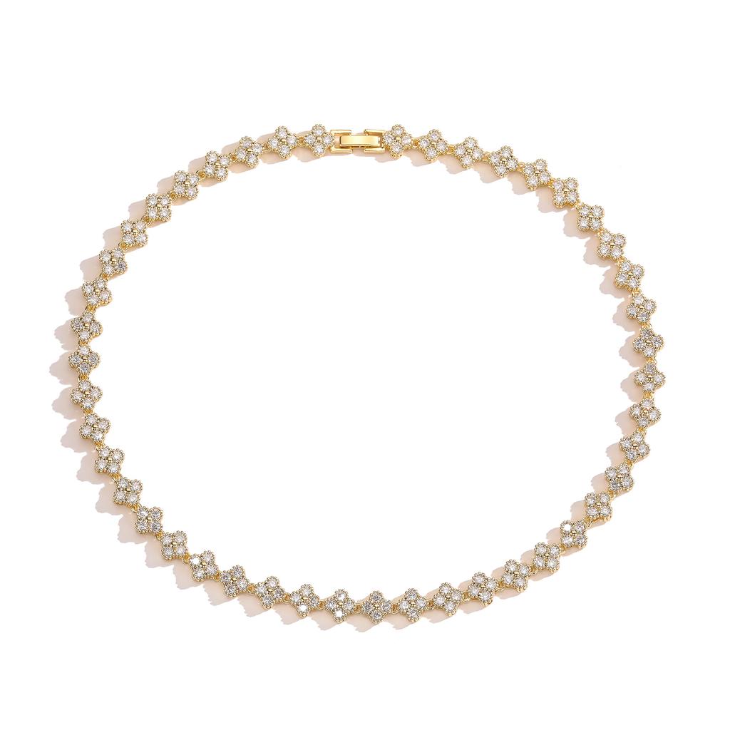 Fashion Design Luxury Jewelry 18K Gold Colorful Zircon Four Leaf Clover Bracelet Necklace Jewelry Luxury Four Leaf Clover Set