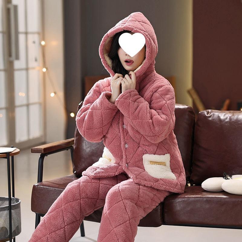 Dámské pyžamo třívrstvé zesílené a roztomilé zimní lze nosit velká velikost teplé polstrované domácí oblečení