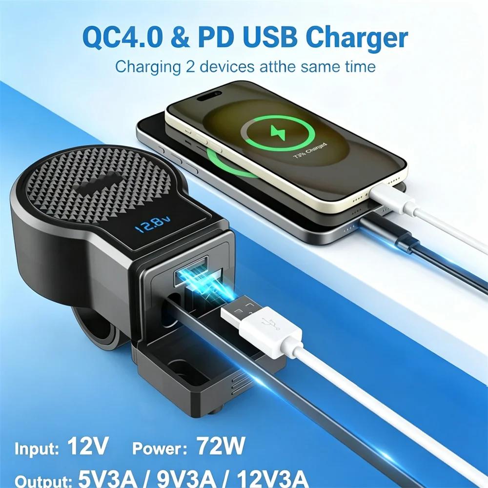 72W 12V Motorrad USB-Steckdose Typ-C Einziehbarer Ladeadapter Netzteil Doppelanschluss PD+QC3.0 mit Schalter Wasserdichtes Digitales Voltmeter