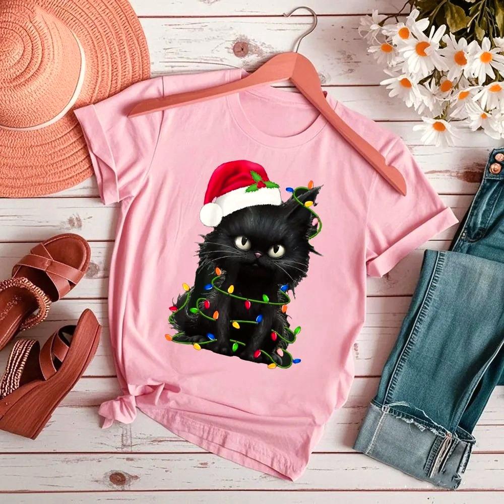 Schwarze Katze Weihnachtsmann Weihnachten Familie Weihnachten Bedrucktes T-Shirt Damen Freizeit-T-Shirt Bequeme Persönlichkeits-Tops Weiche Kleidung